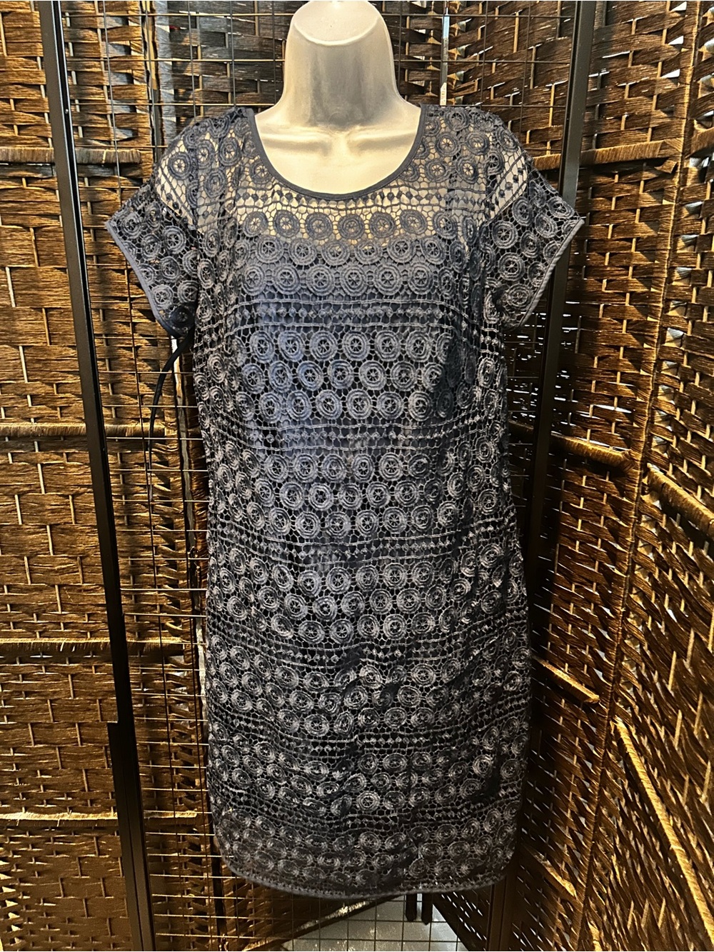 Loft Lace Overlay Navy Dress with back zip and tie detail cap sleeve.size 8